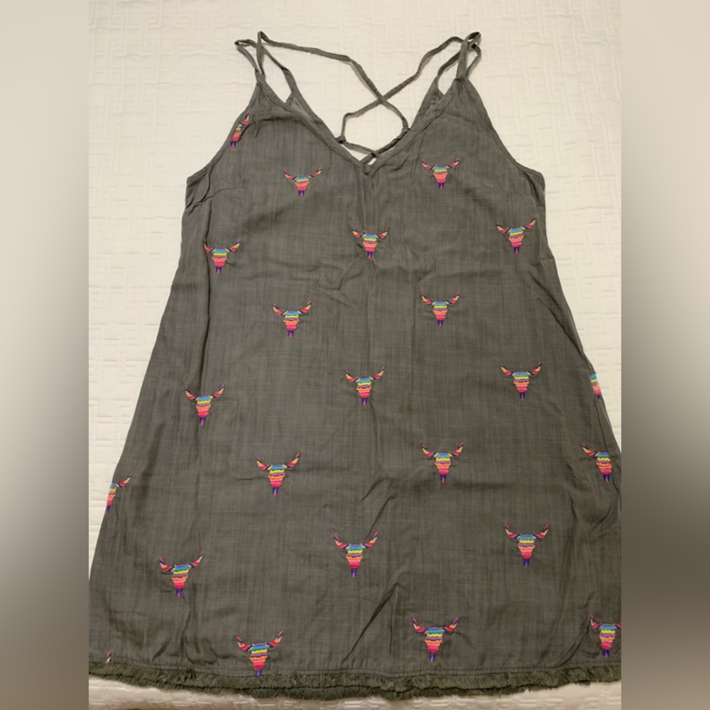 Judith March Charcoal Gray with Multicolor Steer Embroidery Mini Dress/Cover-up